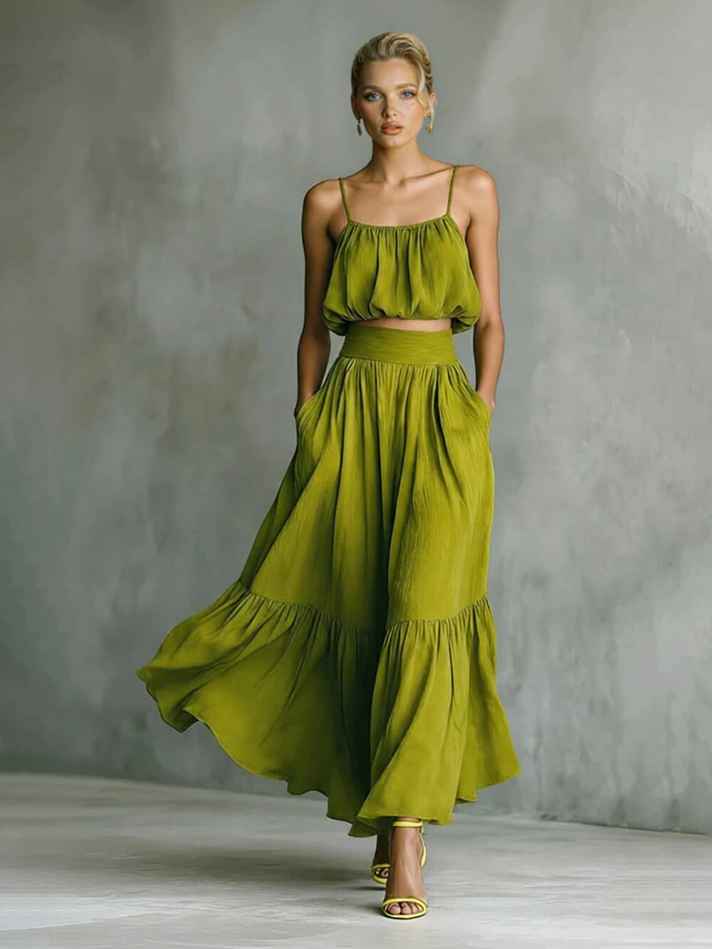 Conjunto de top sin mangas tipo lencero con bajo abullonado y falda maxi de corte A, cintura alta y bolsillos, de mezcla de lino