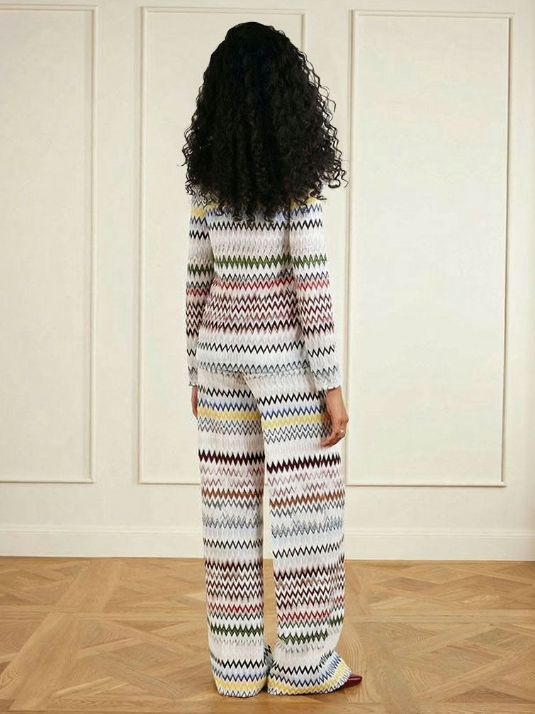 Set di due pezzi con top a maniche lunghe con stampa geometrica a zigzag e pantaloni a gamba larga