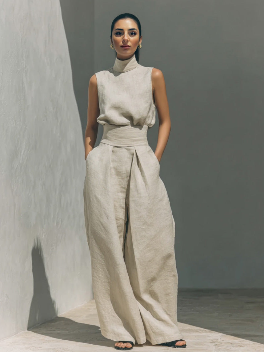 Elegante completo a due pezzi in lino con top a collo alto e pantaloni a gamba larga
