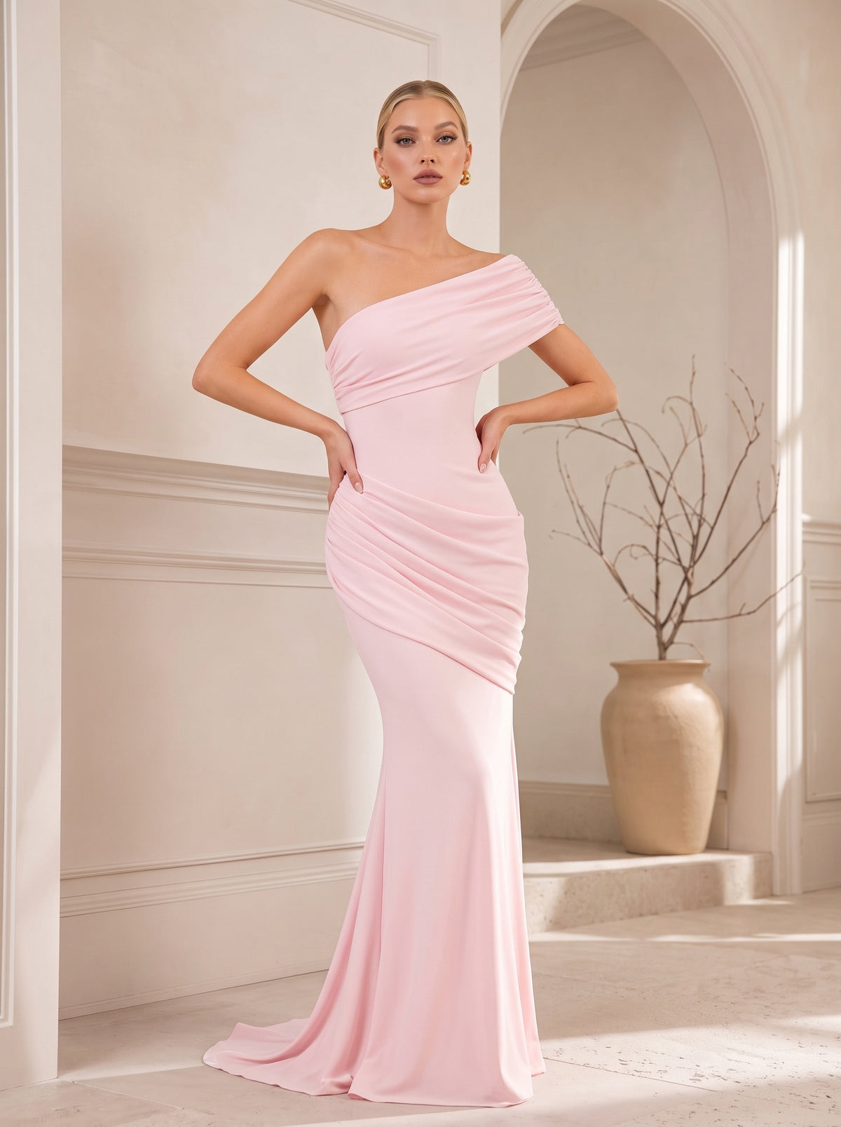 Off Shoulder Draped Mermaid Maxi Evening Gown