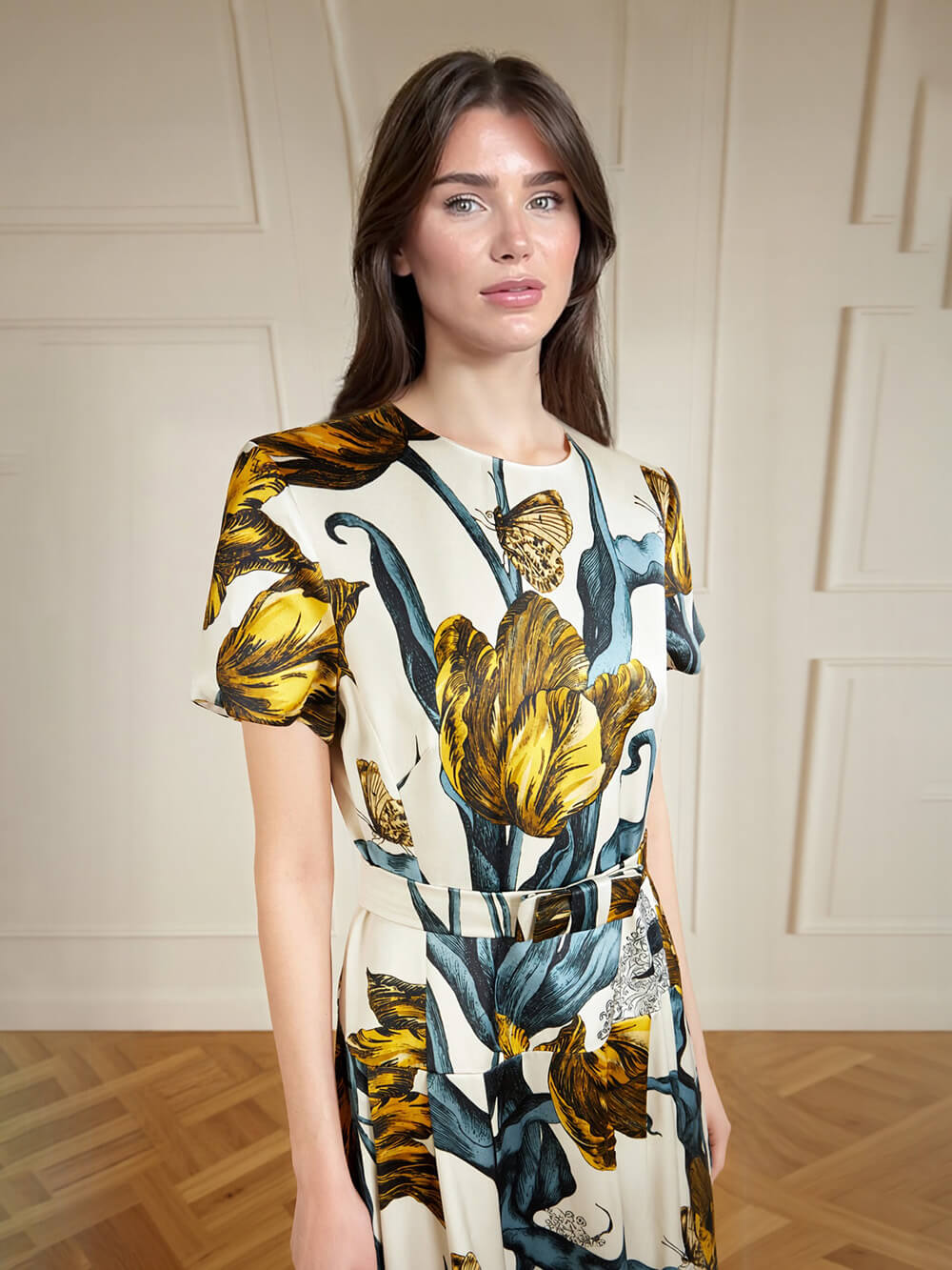 Fashion Printed Satin Waist-Cinching Maxi Dress