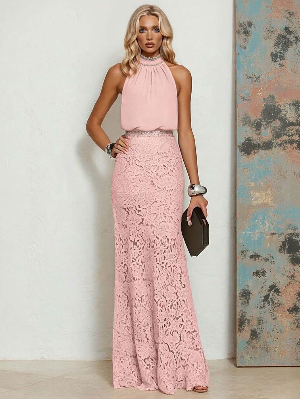 Elegantes Chiffon-Maxikleid mit Spitze, rückenfrei und im Meerjungfrauen-Schnitt