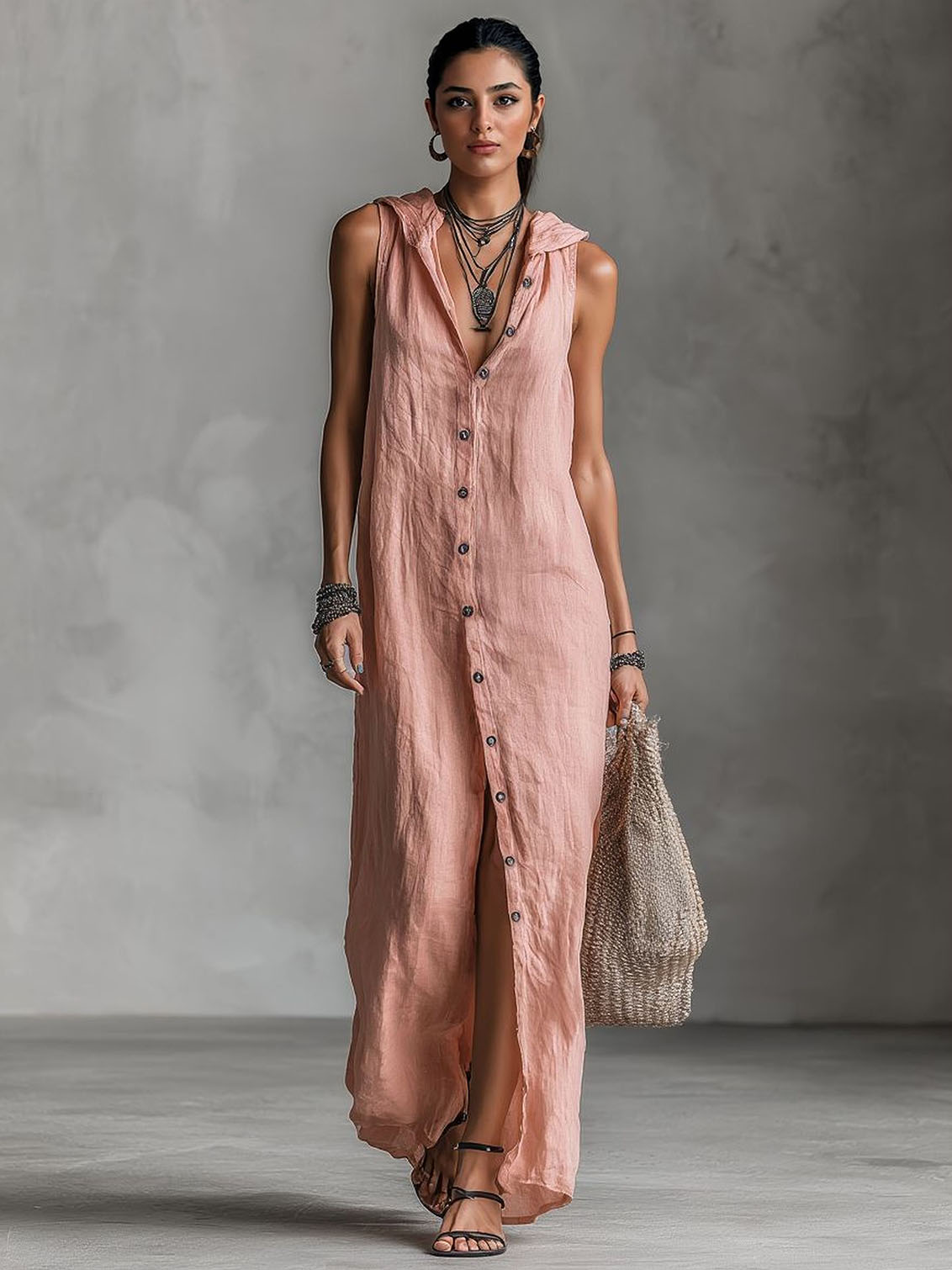 Abito lungo casual con cappuccio e bottoni sul davanti, stile boho