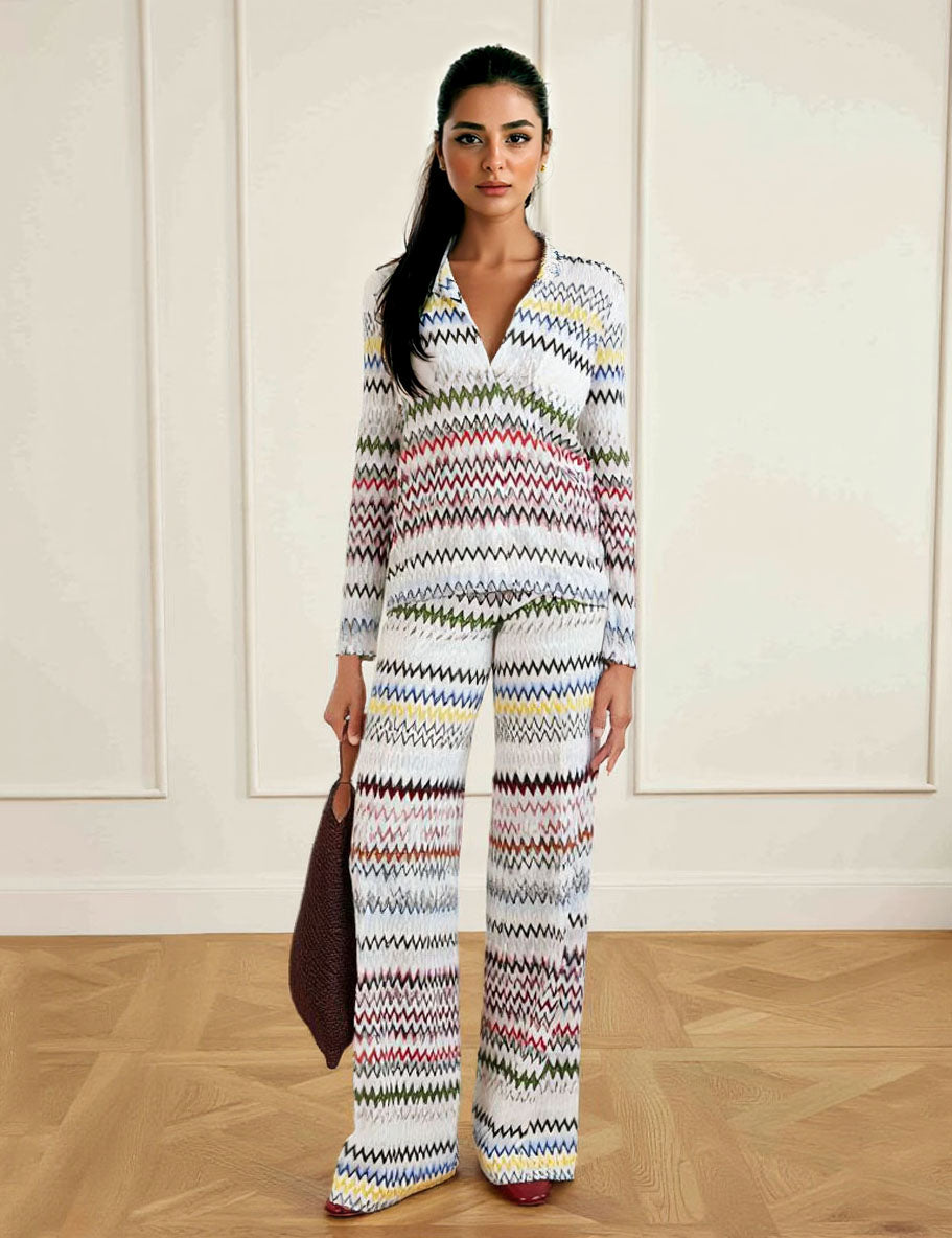 Pantaloni ampi a gamba larga con stampa geometrica a zigzag