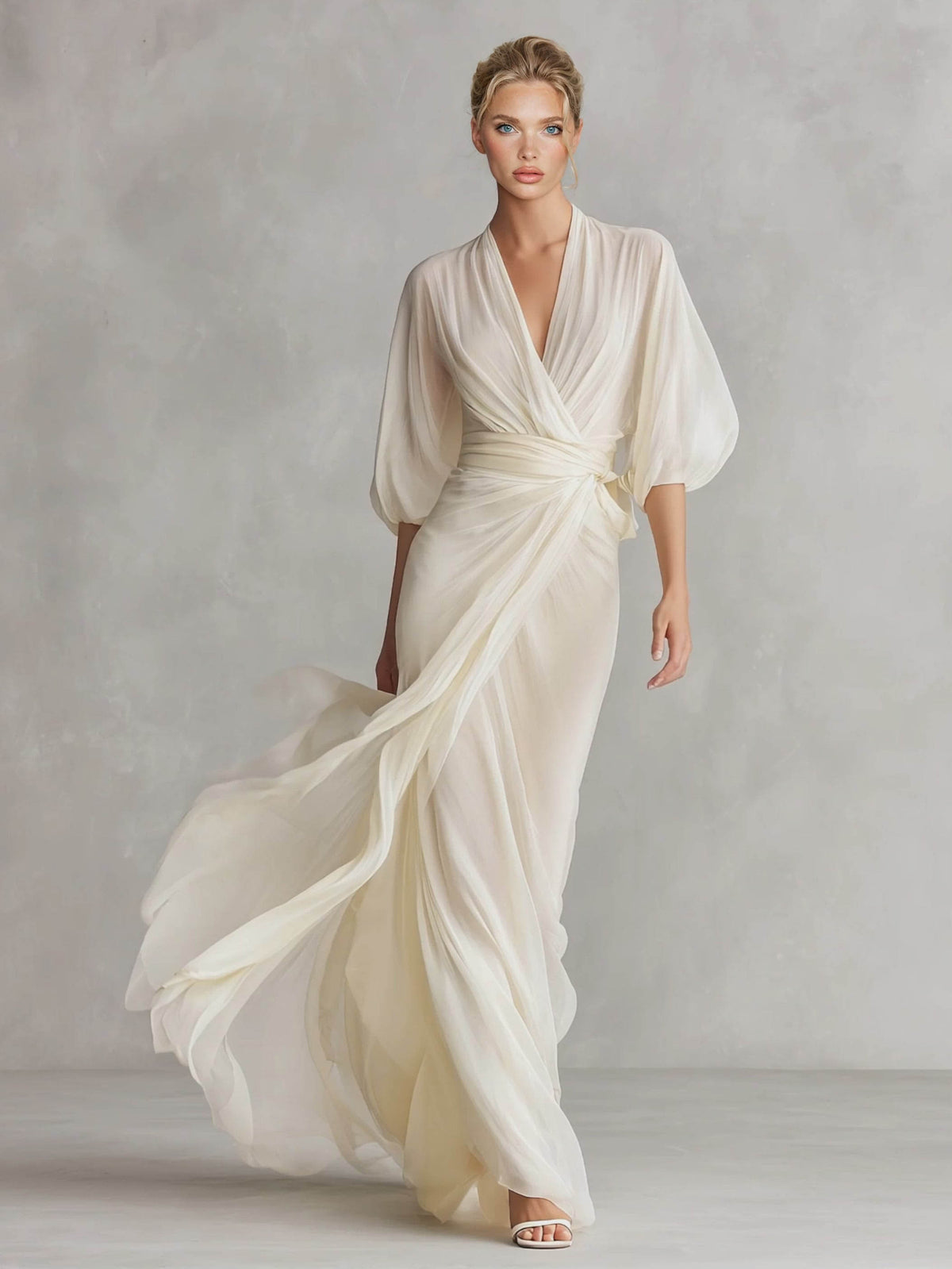 Abito lungo elegante in chiffon con maniche a sbuffo e scollo incrociato