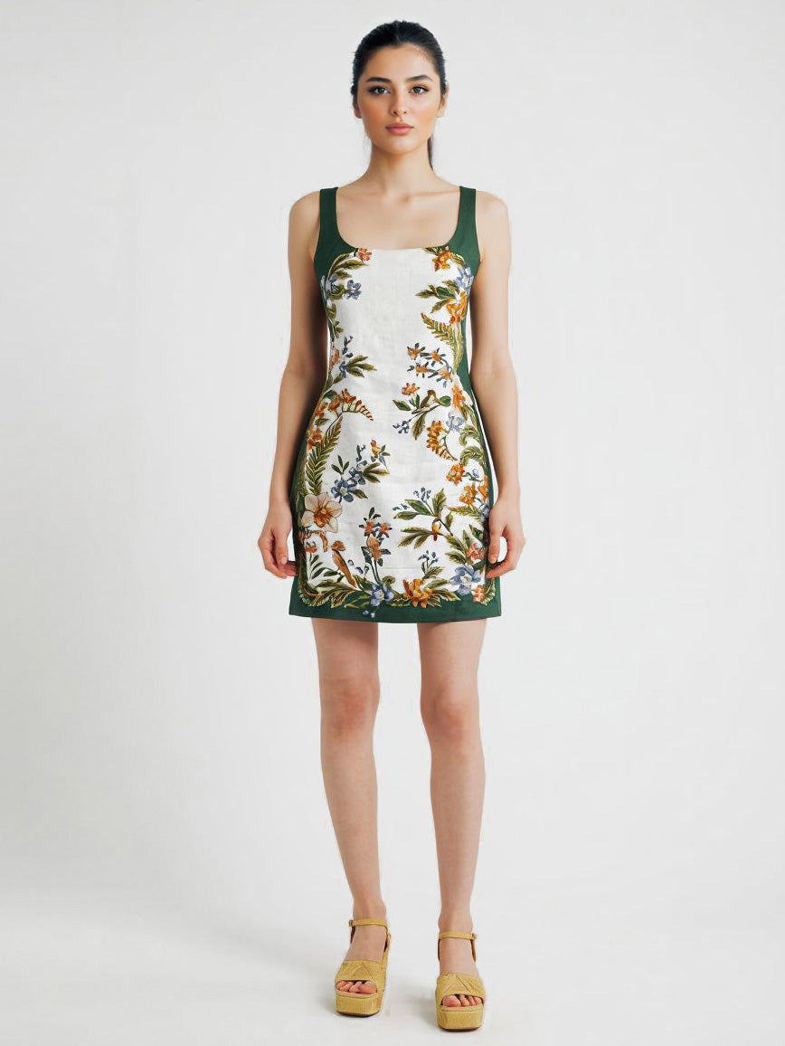 Elegant Floral Print Contrast-Trim Mini Dress