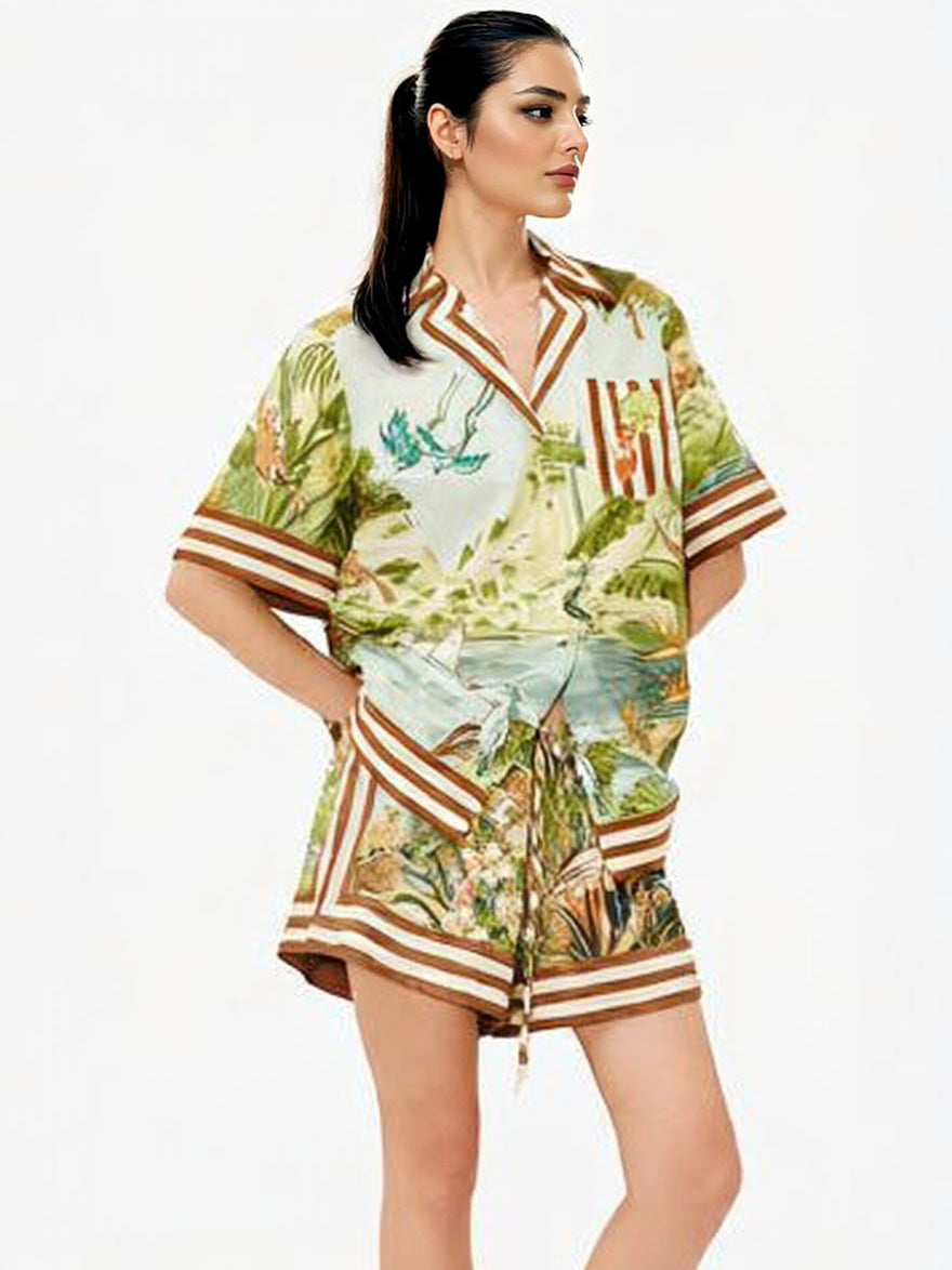 Set da vacanza di due pezzi con camicia e pantaloncini con stampa tropicale paesaggistica