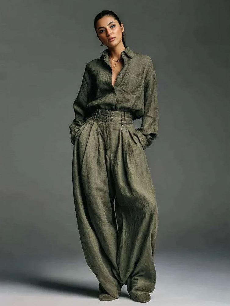 Completo casual due pezzi con camicia a maniche lunghe e pantaloni a gamba larga