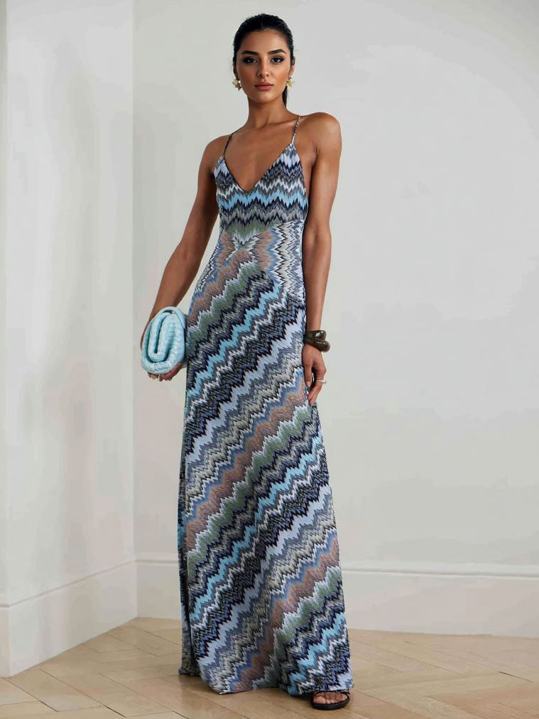 Casual Halter Neck Print Slim-fit Maxi Dress