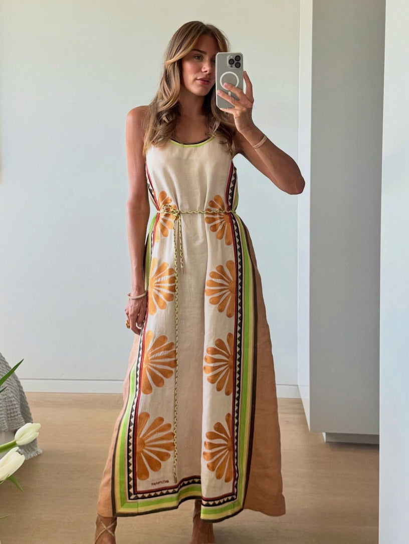 Bohemian Floral Print Sleeveless Maxi Dress With Waist Tie
