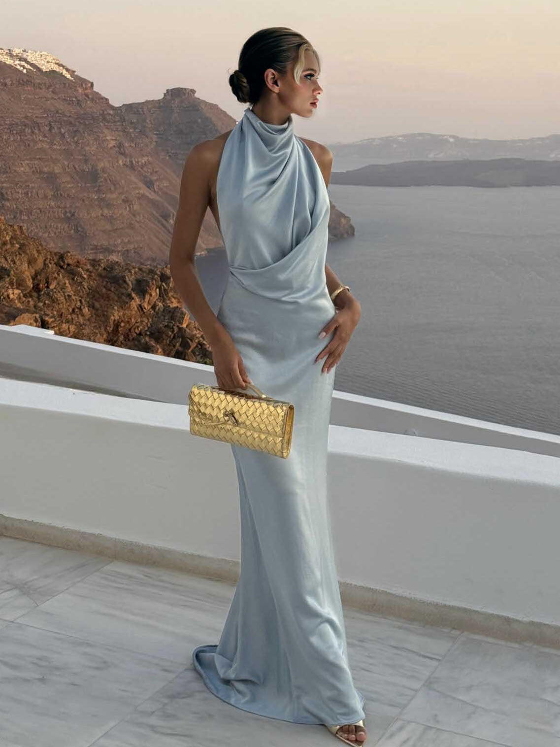 Elegant Blue Draped Neckline Satin Maxi Dress