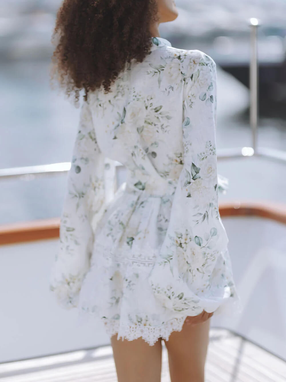 Elegant Floral Print Lace Trim Linen Mini Dress