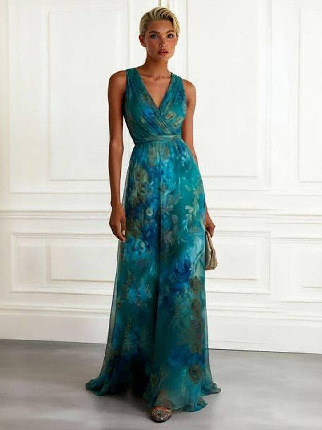 Vestido maxi elegante de chiffon, sem mangas, com decote em V e estampado floral