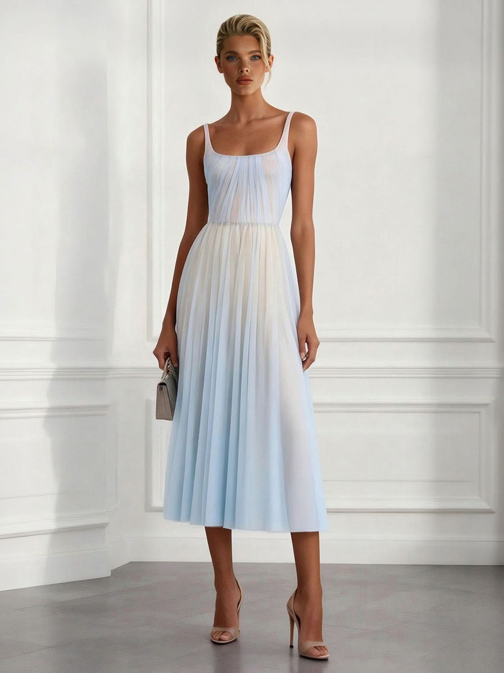 Vestido midi elegante plisado con tirantes finos y estampado degradado