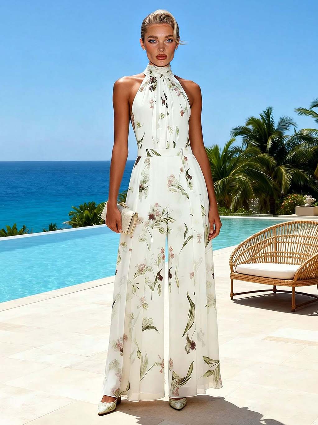 Elegant Print Halter Neck Wide-Leg Jumpsuit