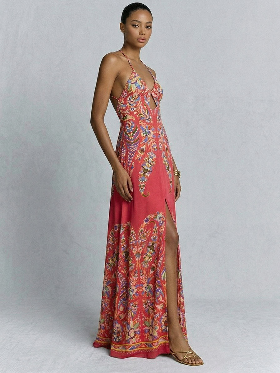 Cutout Halter Paisley Print Maxi Dress