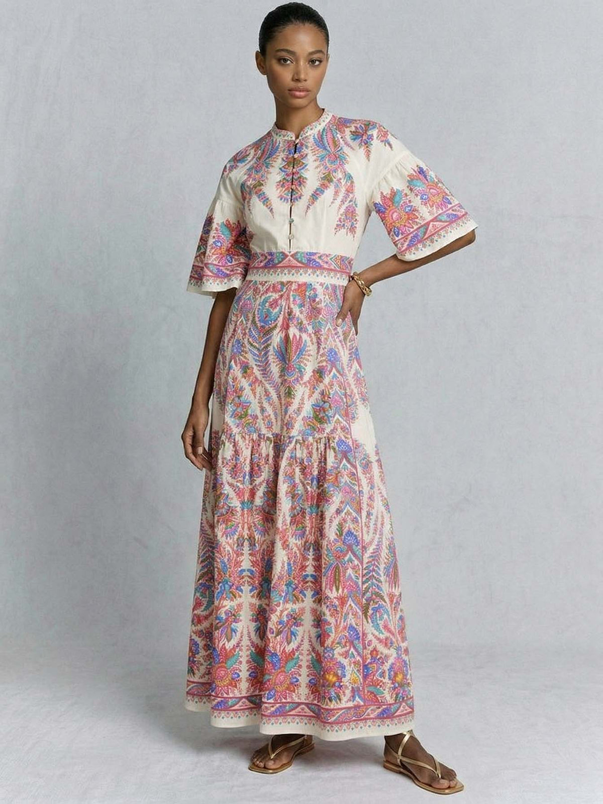 Paisley Print Stand Collar Maxi Dress