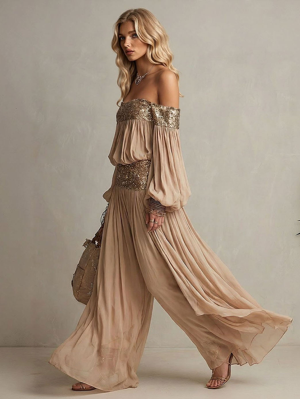 Conjunto elegante de duas peças com vestido maxi fluido, de ombros descobertos e adornado com lantejoulas