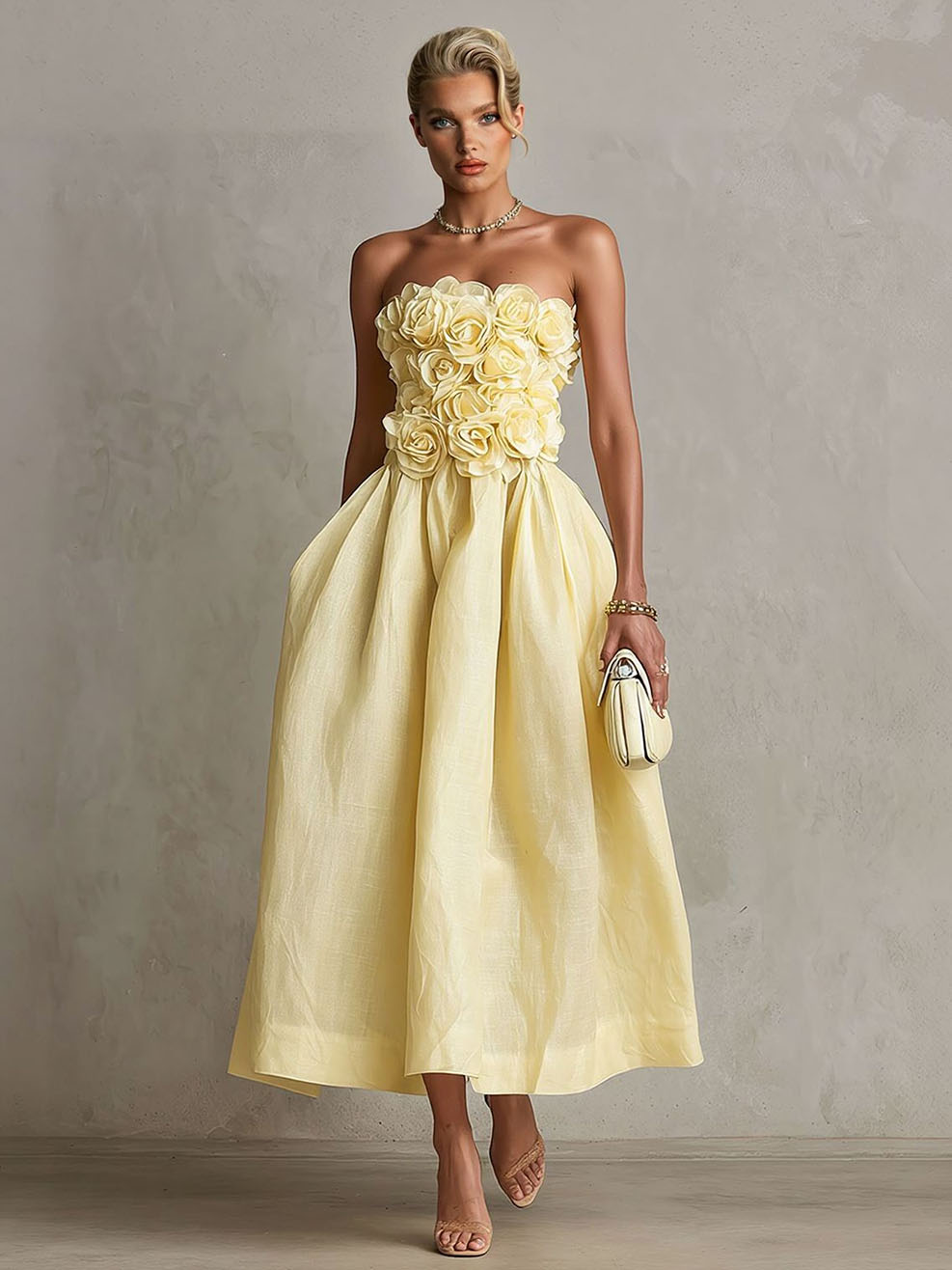 Vestido midi romântico cai-cai com flores 3D