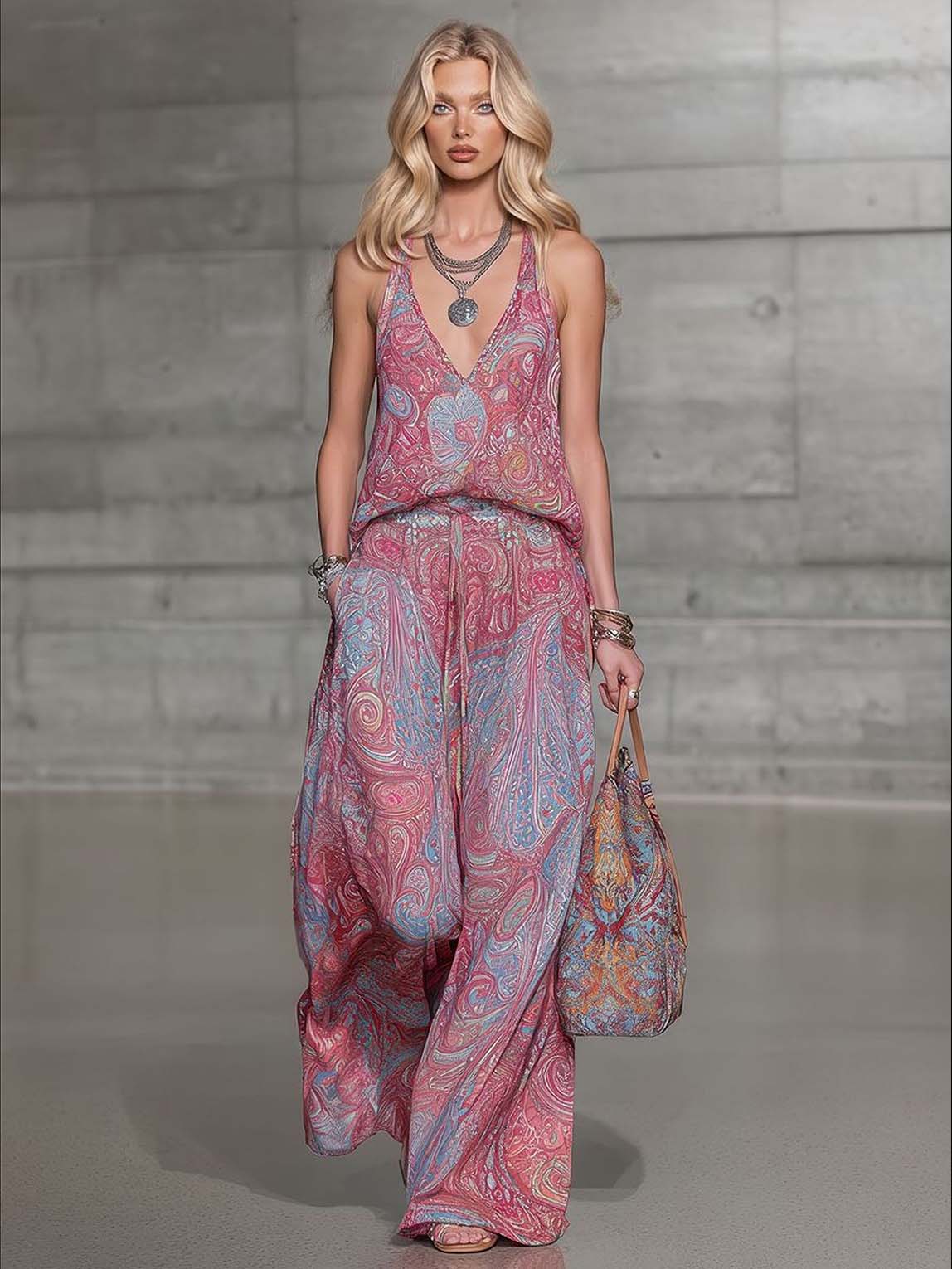 Conjunto boémio de duas peças com top de atar ao pescoço, estampado paisley, e calças de perna larga