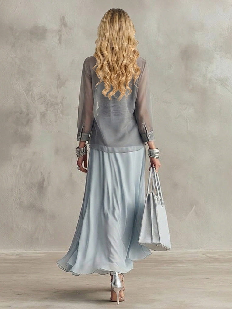 Conjunto elegante de três peças com camisa transparente e atilho à frente