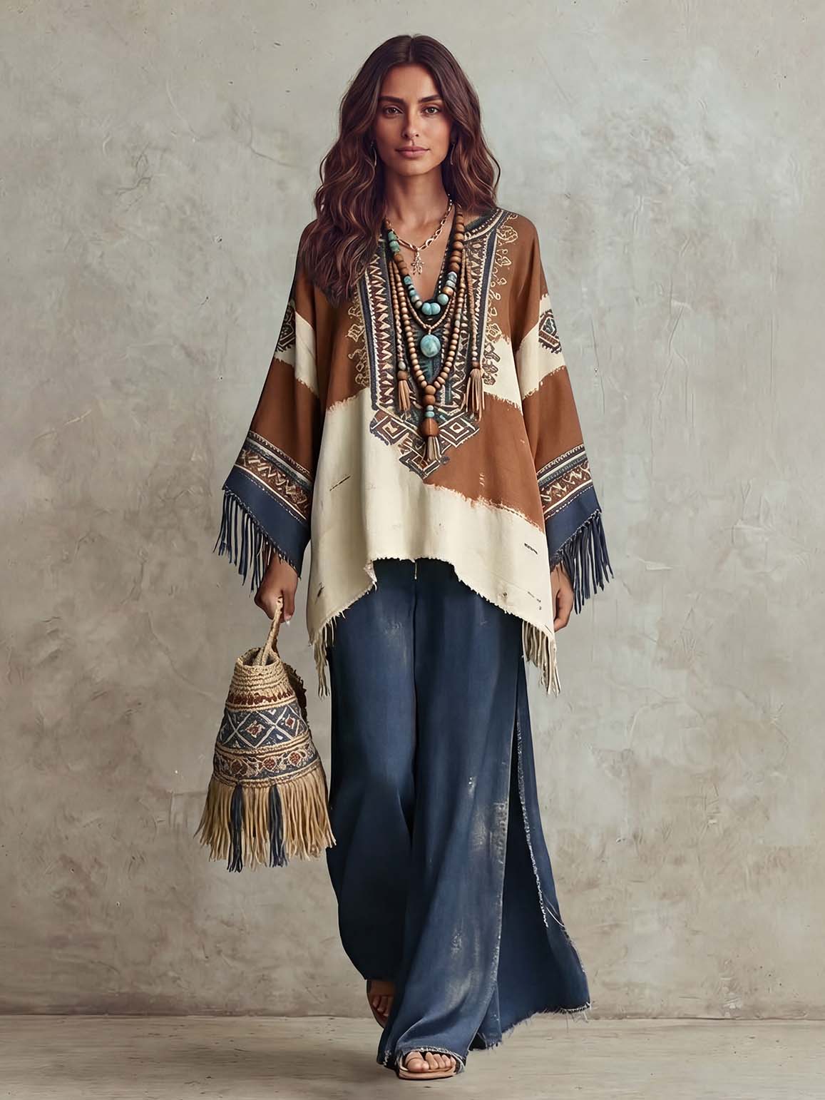 Completo rétro boho a due pezzi con top scialle con frange e stampa etnica
