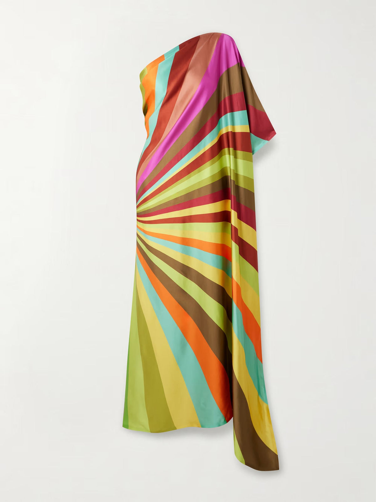 Abito lungo elegante in raso fluido, monospalla, drappeggiato e con stampa a righe colorate