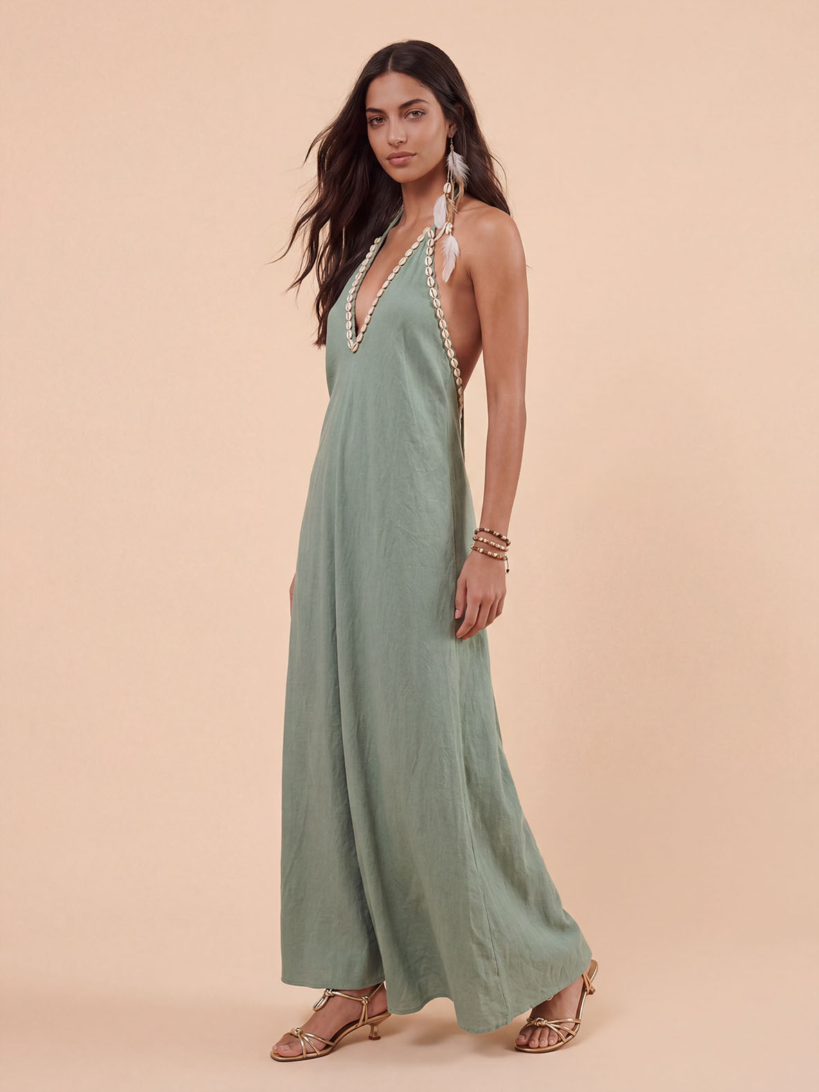 Casual Bohemian Shell Print Deep V Backless Maxi Dress