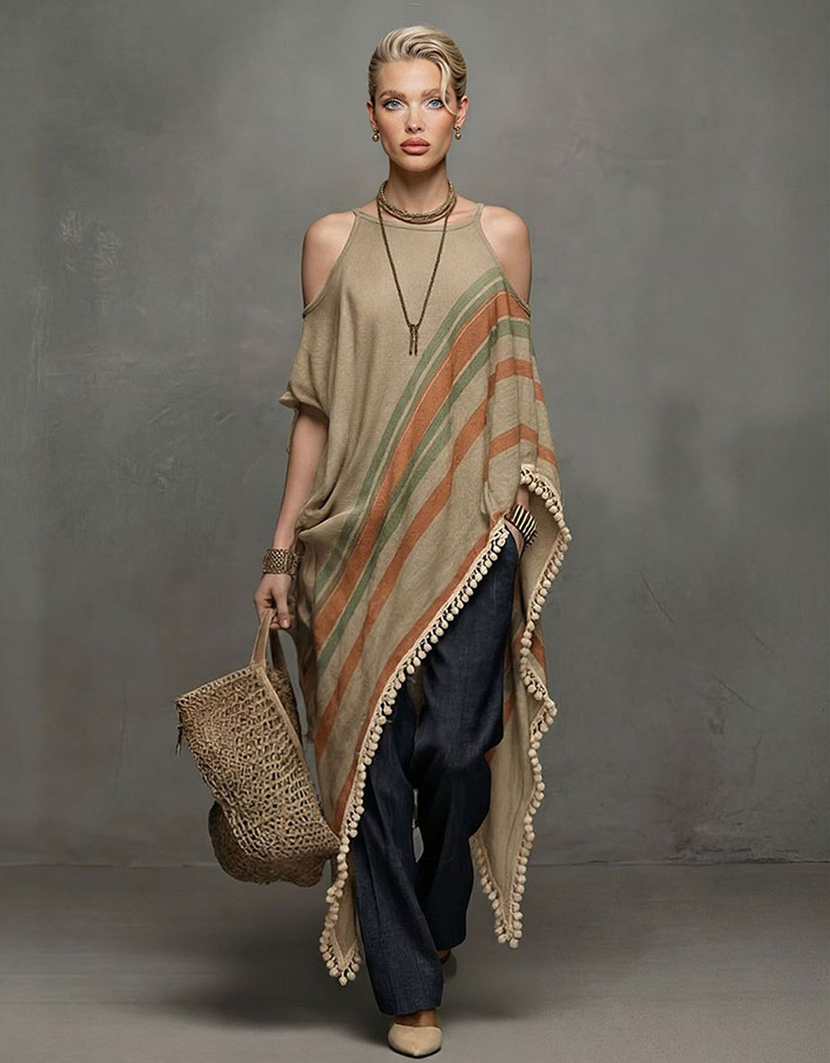 Casual completo a due pezzi con top a righe asimmetrico tipo scialle e frange