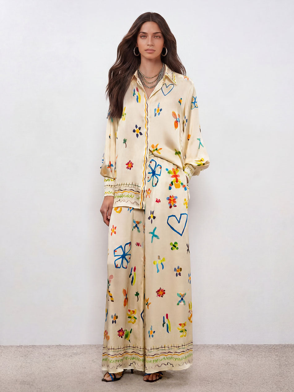 Einzigartige Satinhose mit weitem Bein und handgemaltem Aquarellprint