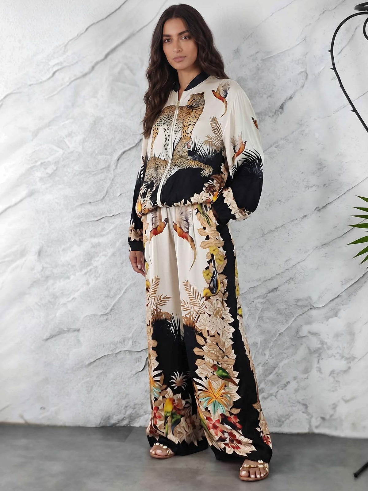 Ensemble à imprimé jungle exotique avec chemise zippée et pantalon large