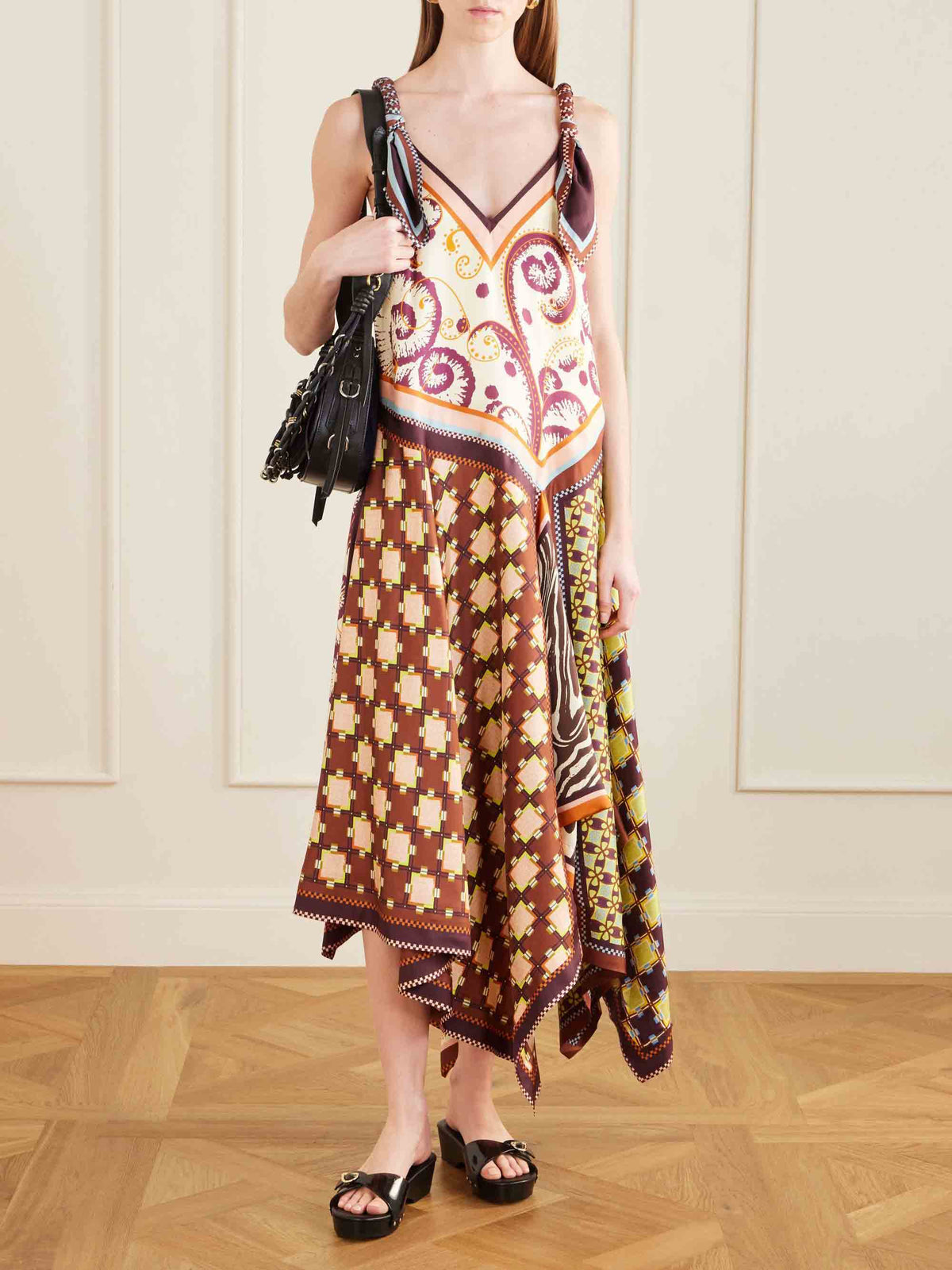 Retro Geometric Patchwork Print V-Neck Asymmetric Maxi Dress
