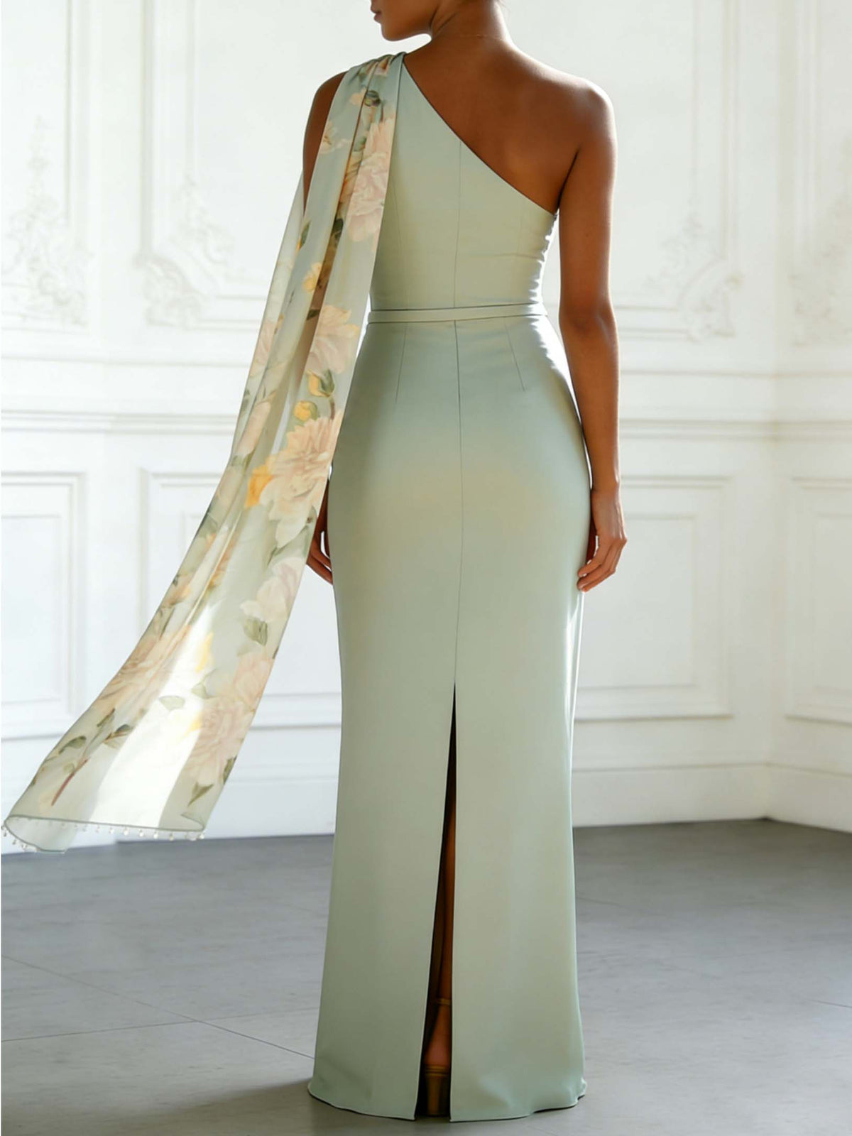 Elegante abito lungo senza maniche plissettato con stampa di peonie