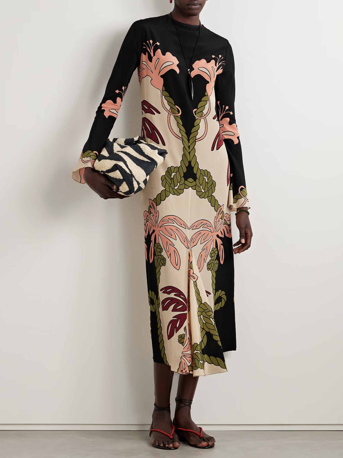 Elegant Palm Leaf Print Long Sleeve Midi Dress