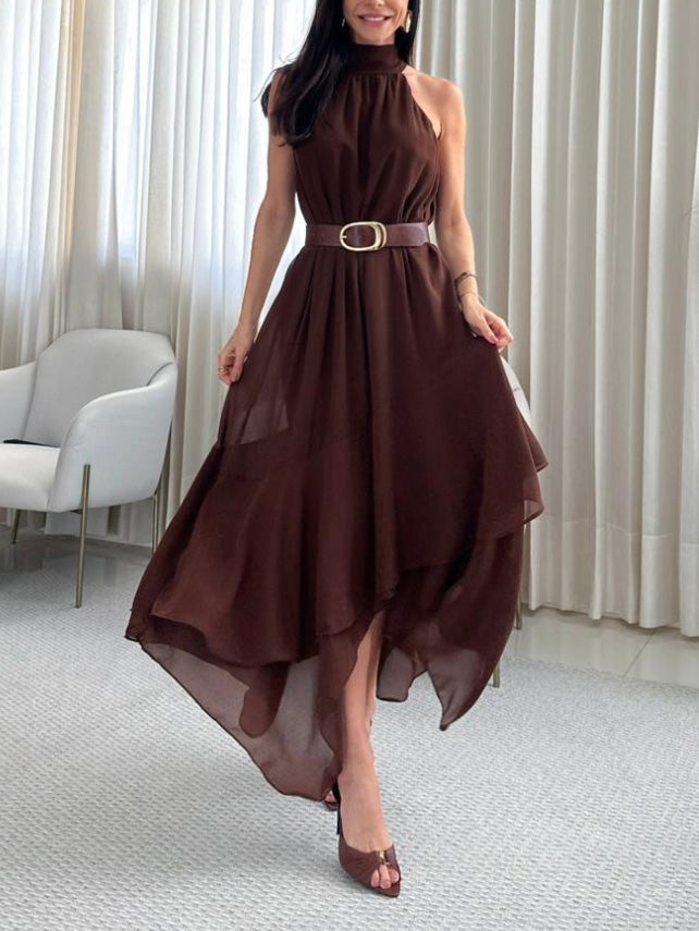 Elegant Backless Asymmetrical Ruffle Hem Chiffon Maxi Dress