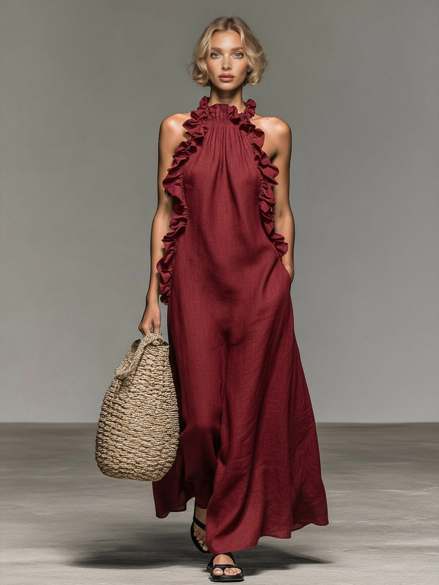 Abito lungo elegante con balze e scollo all’americana