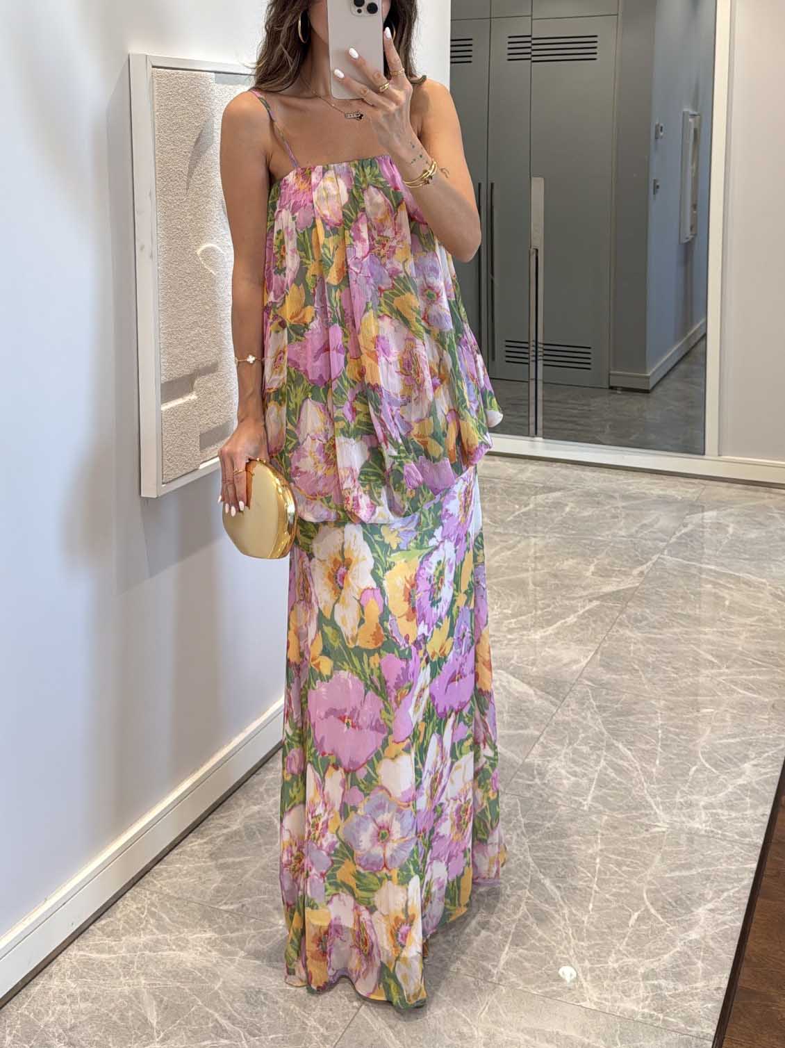 Blooming Garden Floral Two-Piece Cami Top And Maxi Skirt Set