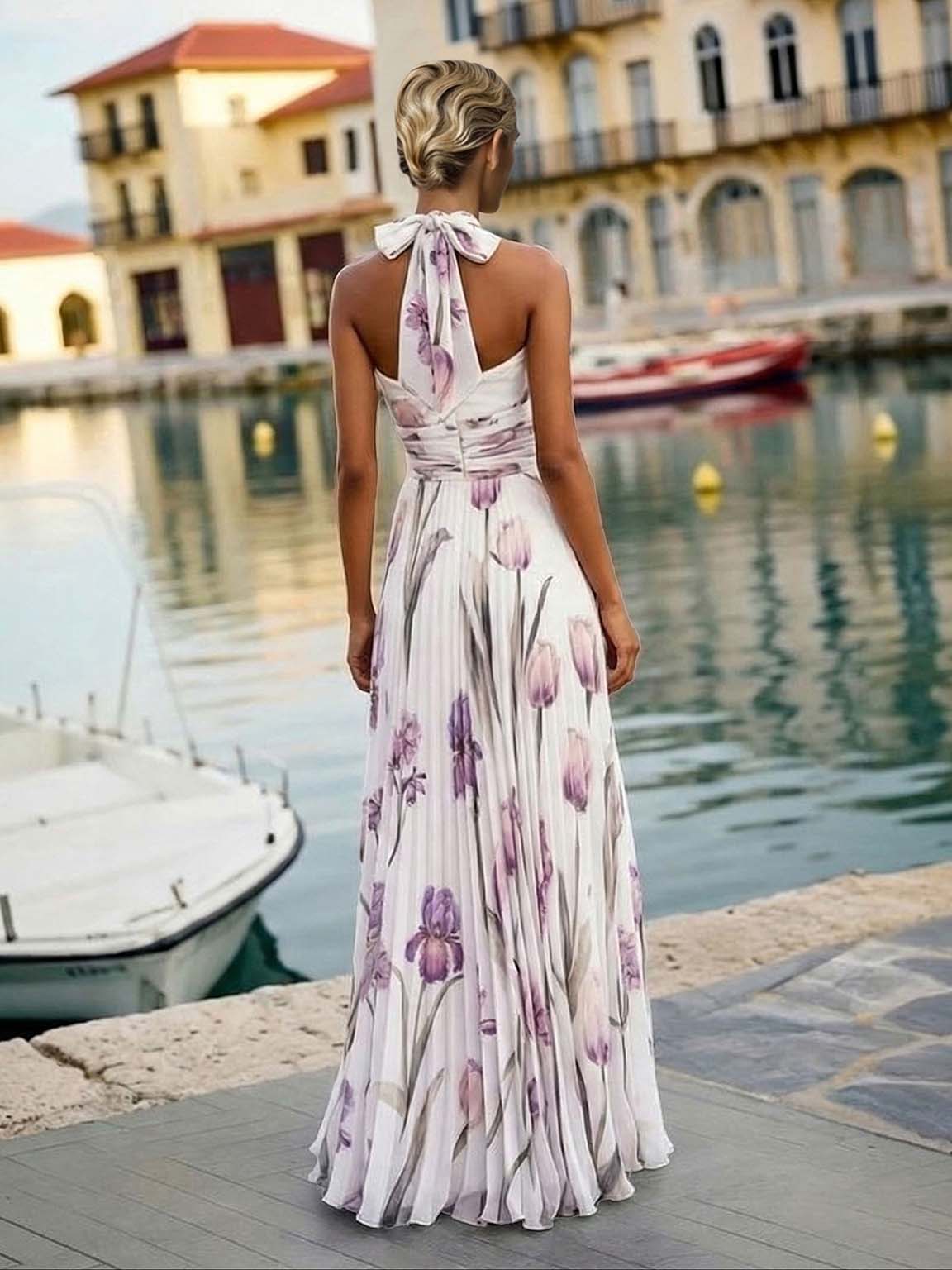 Elegant Tulip Print Pleated Chiffon Maxi Dress