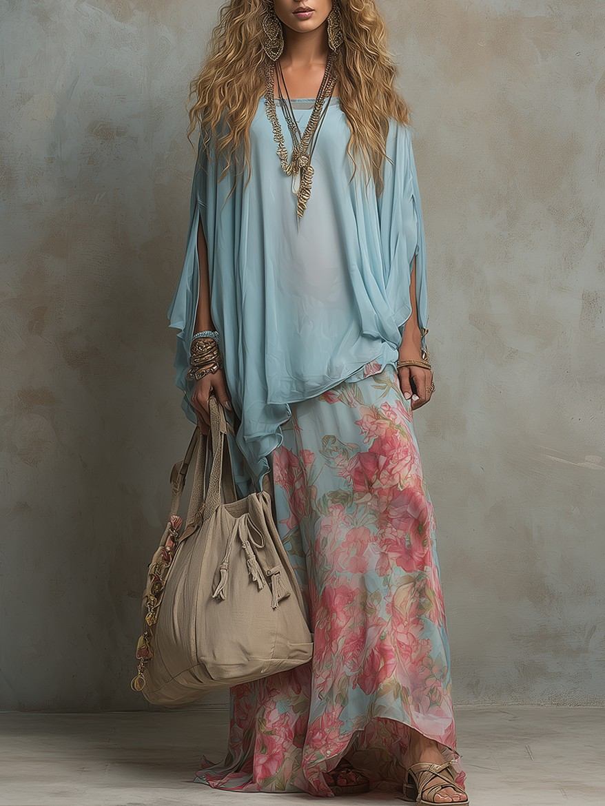 Fließendes Boho-Chiffon-Zweiteiler-Set mit Blumenprint