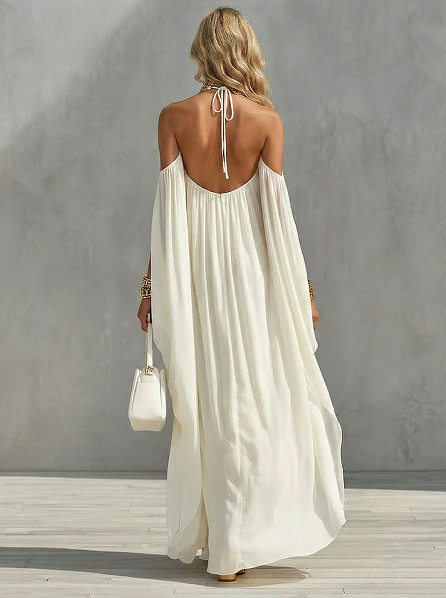 Elegante abito lungo ampio con scollo a spalle scoperte