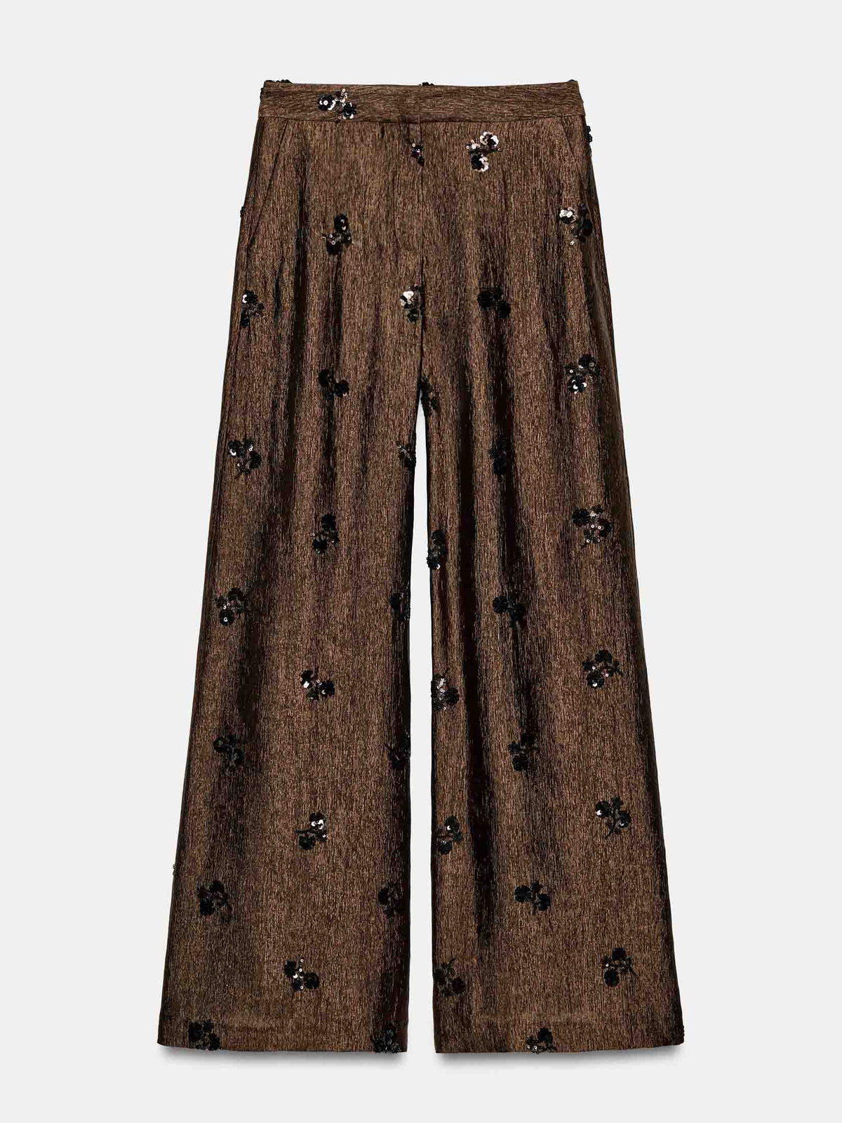 Ensemble deux pièces élégant en satin à sequins, composé d’un haut et d’un pantalon à jambes larges taille haute
