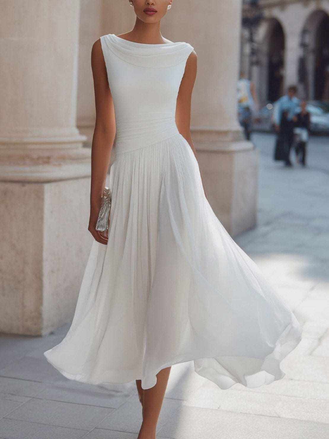 Abito midi elegante con gonna plissettata, vita arricciata