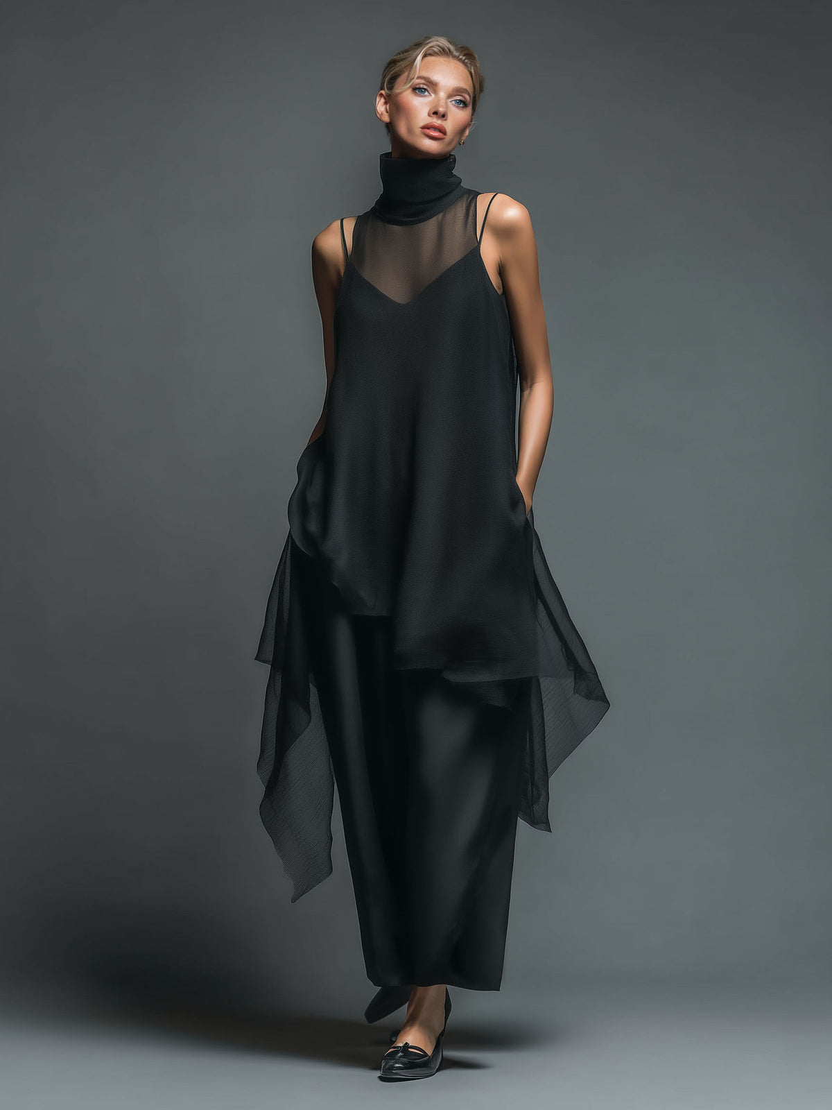 Elegant Sheer Tulle Asymmetric Dress Set