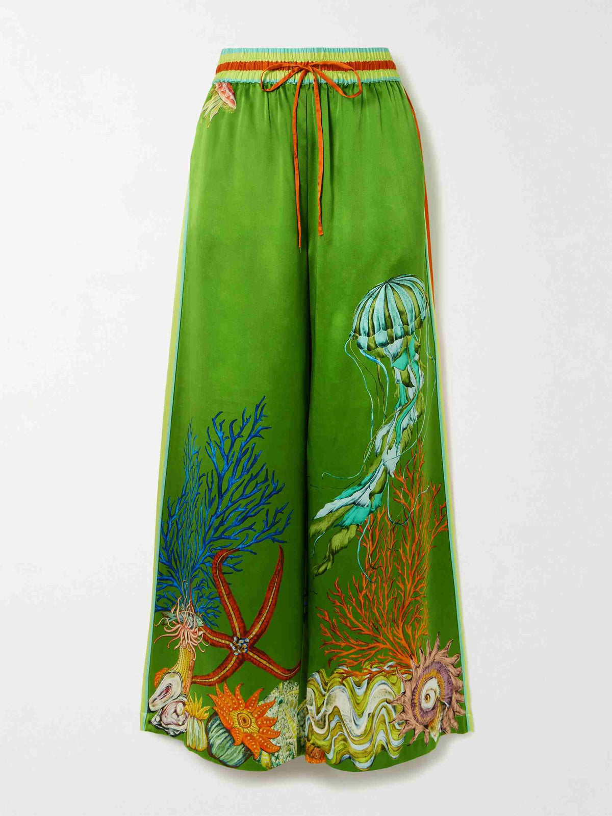 Completo a due pezzi con camicia in raso con stampa oceanica e pantaloni palazzo