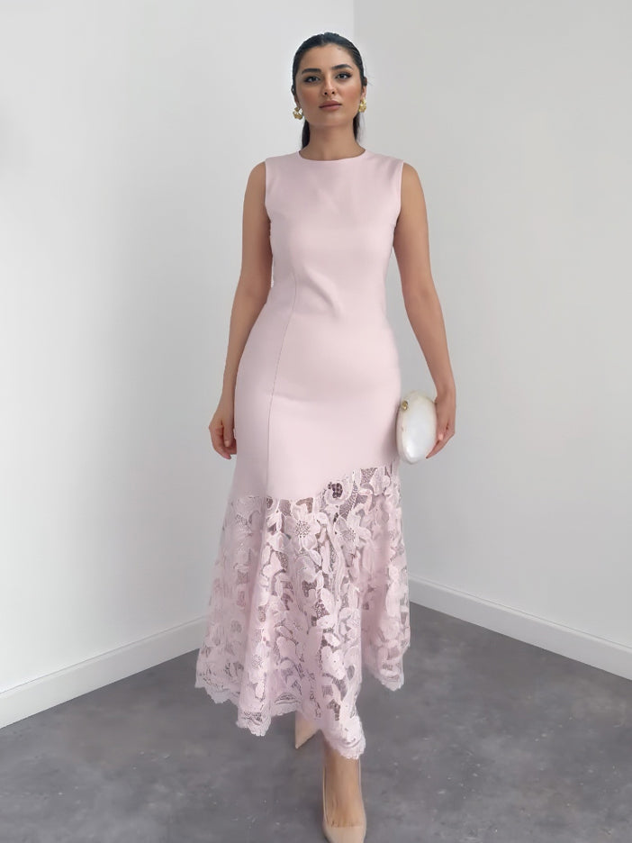 Robe longue élégante sans manches, en dentelle et coupe sirène