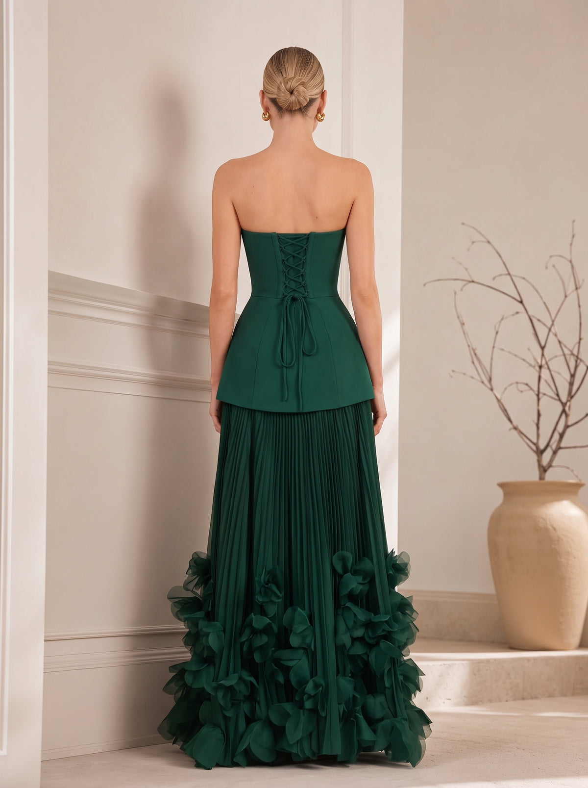 Strapless Fitted Bodice Pleated Maxi Gown With 3D Floral Hem