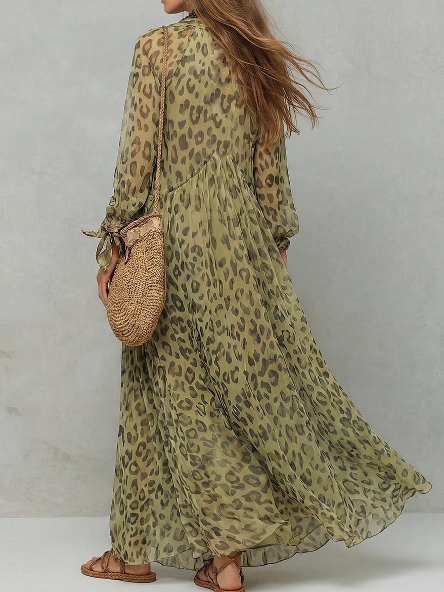 Abito lungo casual fluido in chiffon a stampa leopardata