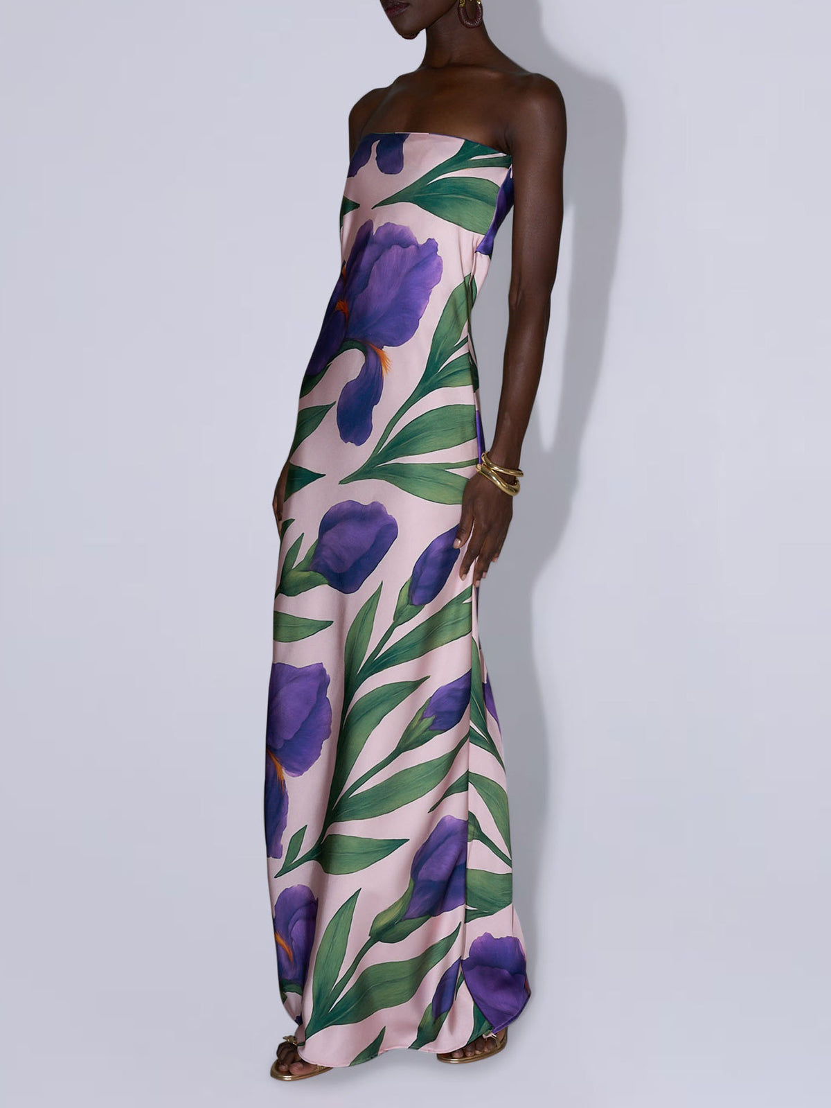 Elegantes trägerloses Satin-Maxikleid mit Irisblütenprint