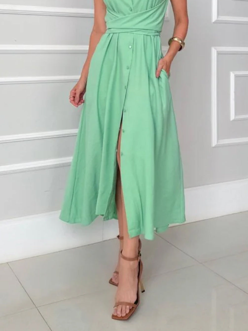Vestido midi elegante cruzado con botones y cinturón