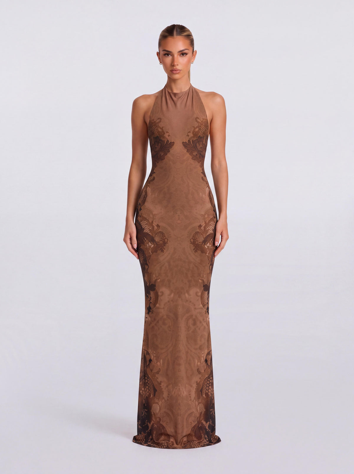 Vestido comprido justo verde-curry com padrão de dragão, decote halter e corte sereia